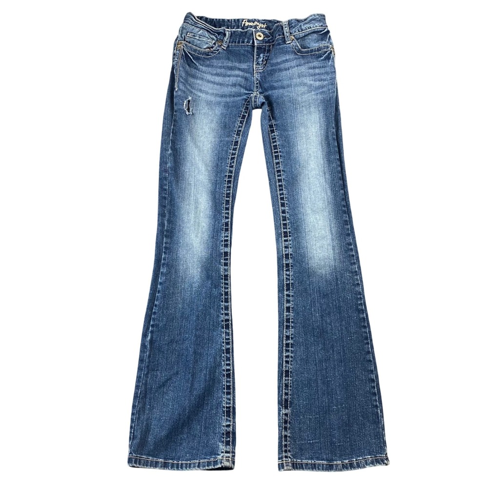 Amethyst Jeans Juniors 5 Bootcut Blue Thick Stitch Flap Pockets Y2K Style